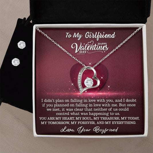 To My Girlfriend Happy Valentines Day - You Are My Heart -  Forever Love Necklace + Clear CZ Earrings